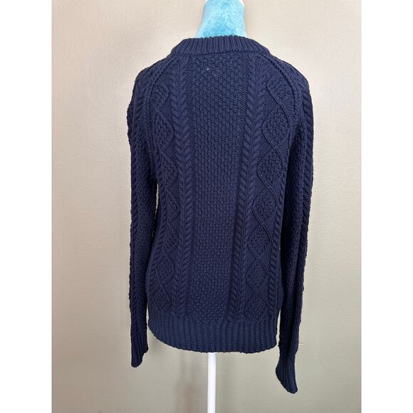 LLBean Signature Women L Cable Knit Fisherman Sweater Navy Blue Cotton - Picture 3 of 15